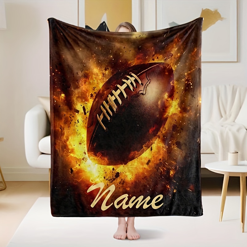 

1pc Personalized Football Throw Blanket With Name, , , Hypoallergenic, Machine Washable, Tear-resistant, Knitted Polyester, Cartoon Football Print, Multipurpose For Travel And Camping