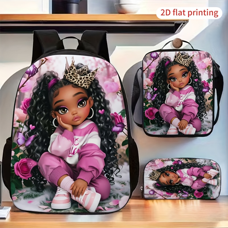TEMU Crown Girl 3-delige set: modieuze rugzak met print, schooltas, crossbodytas en etui-combo, draagbare rugzakset met capaciteit, geschikt voor