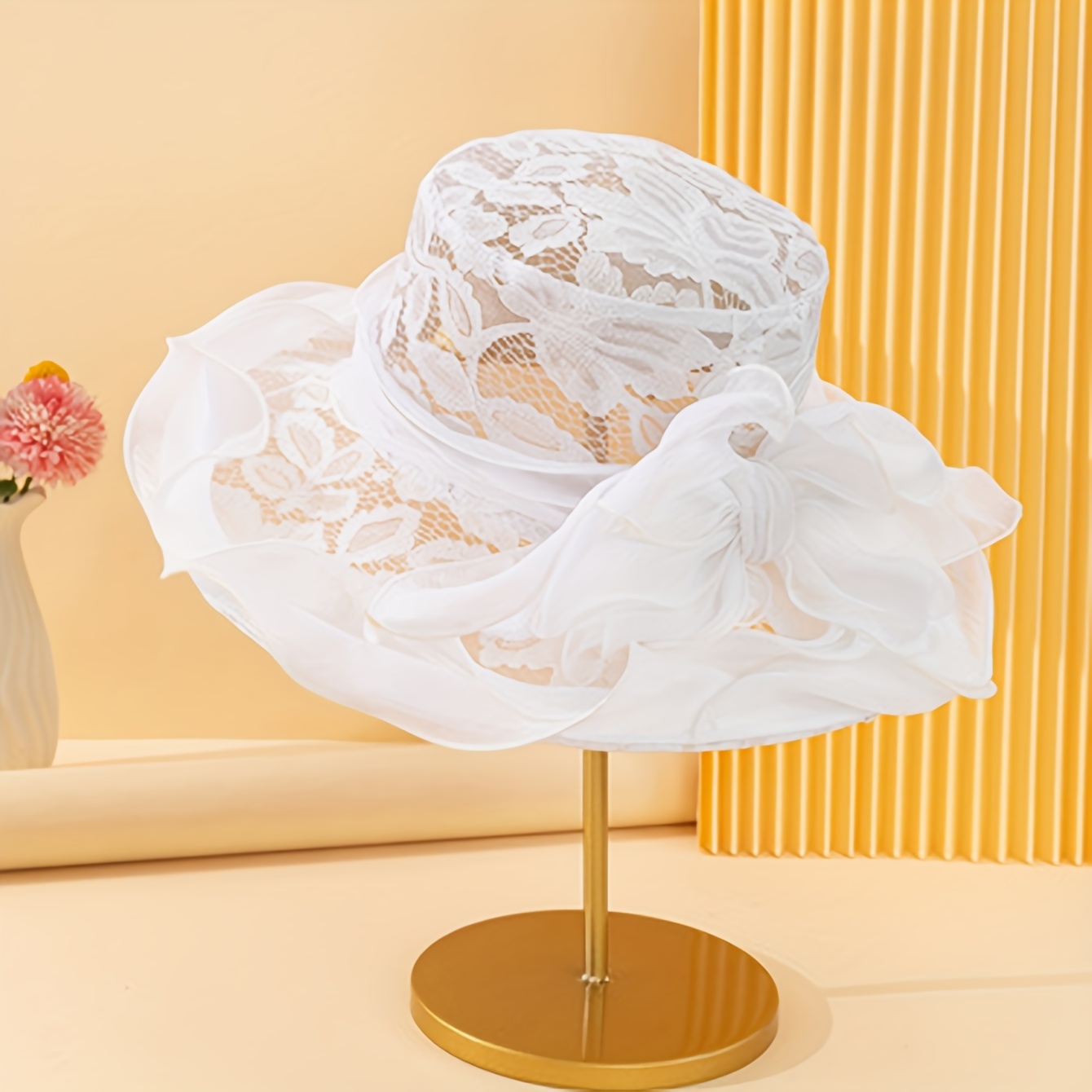Vintage Kentucky Derby Cream Organza Wide-Brim Hat with Floral Detail Kentucky Derby Hat White Cream Salmon Pink Rose Baby Blue  main image 4