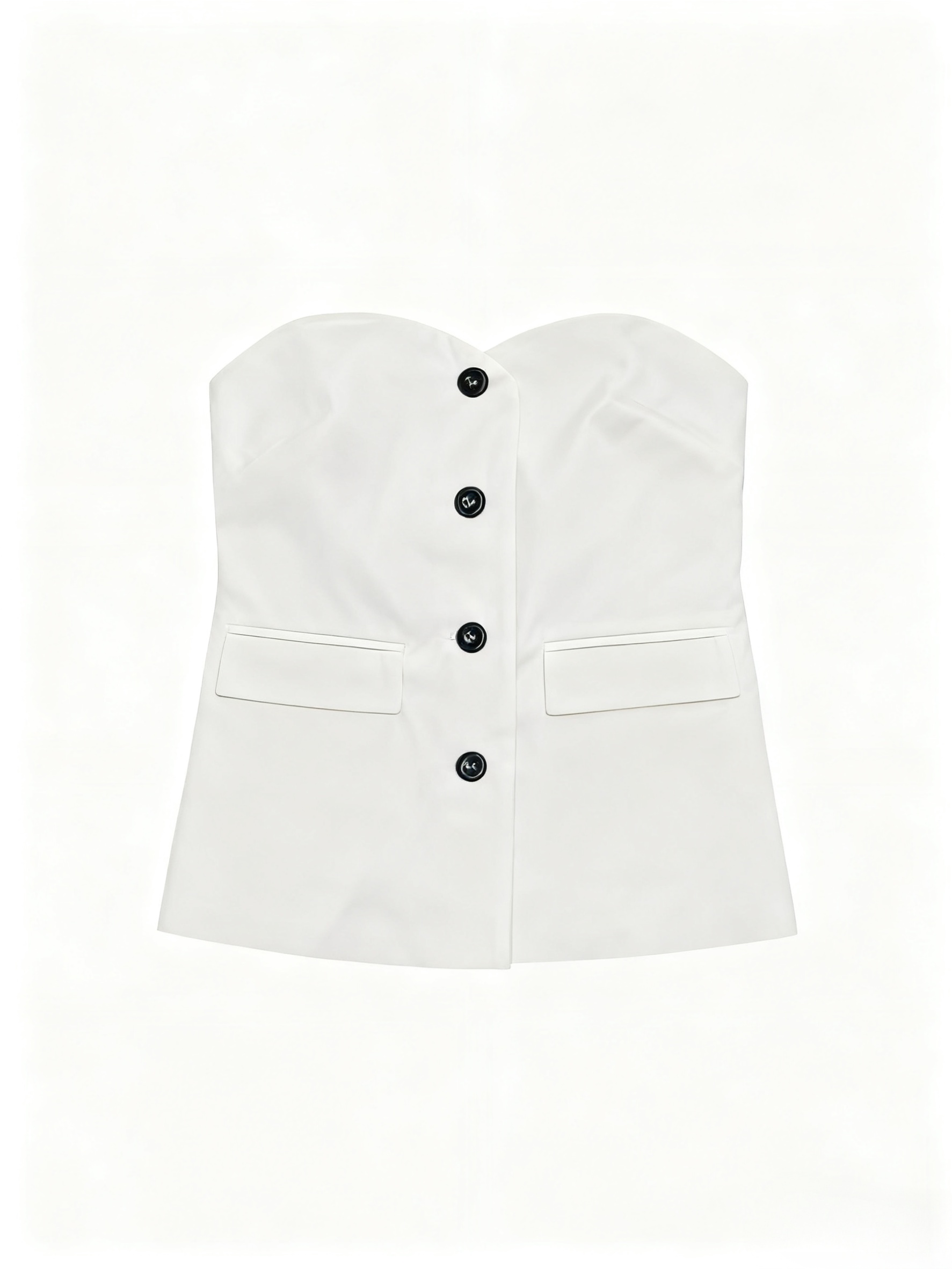 summer office outfit consisting of a fitted white   off shoulder top and pants featuring a single row of buttons beige 3