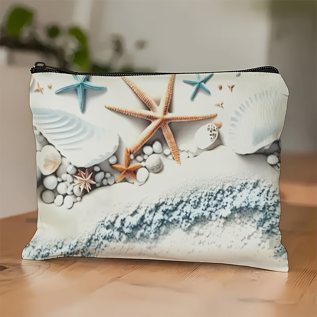 TEMU 1 pz, Beauty Case con Zip a Tema Nautico con Design a Stella Marina e Conchiglia - Organizer Pieghevole da Viaggio per Articoli da Toeletta e