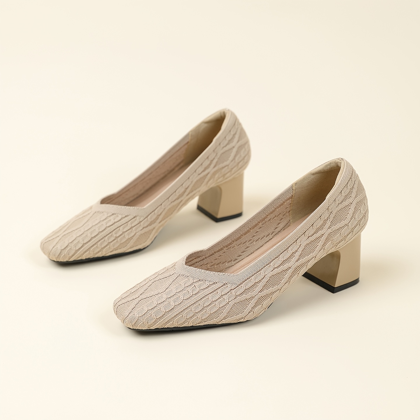 TEMU Classic Women' Color Cable Knit Texture, Soft And Breathable, Square Toe   Chunky Heel Design, Retro And Elegant, Balancing And Style., Women