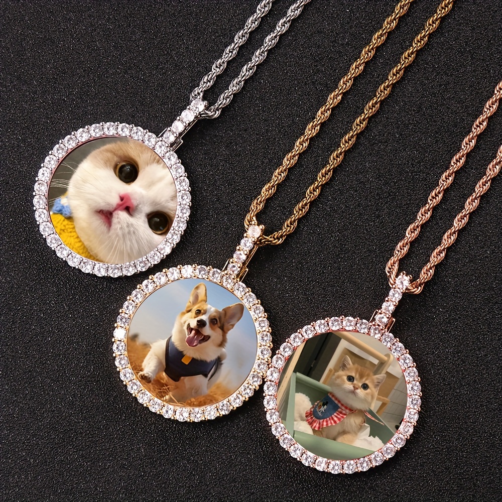 

1pc Custom Photo Pendant Necklace, Copper, Round Synthetic Zirconia, Fashion Jewelry For Men And Women, Personalized Pet Picture Medal, Ideal For Christmas And New Year Gifts