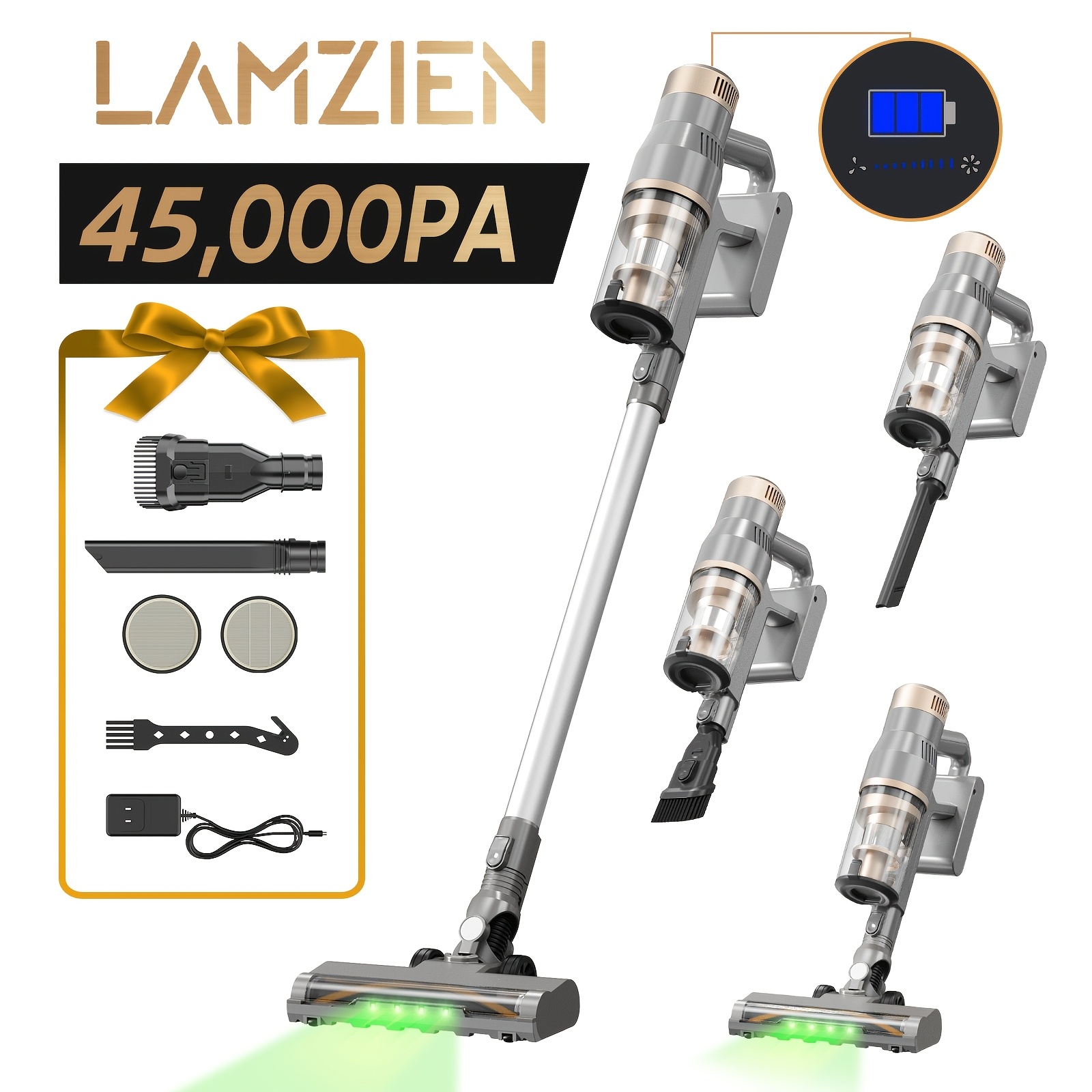 TEMU Aspirateur balai fil LAMZIEN V12PRO, aspiration puissante de 45 kPa, de 40 min, brosse -nœuds, lumière LED verte, autoportant, léger, à main,