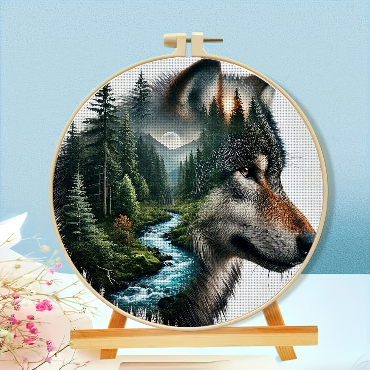 Wolf Head Forest Landscape Cross Stitch Embroidery Hoop Kit