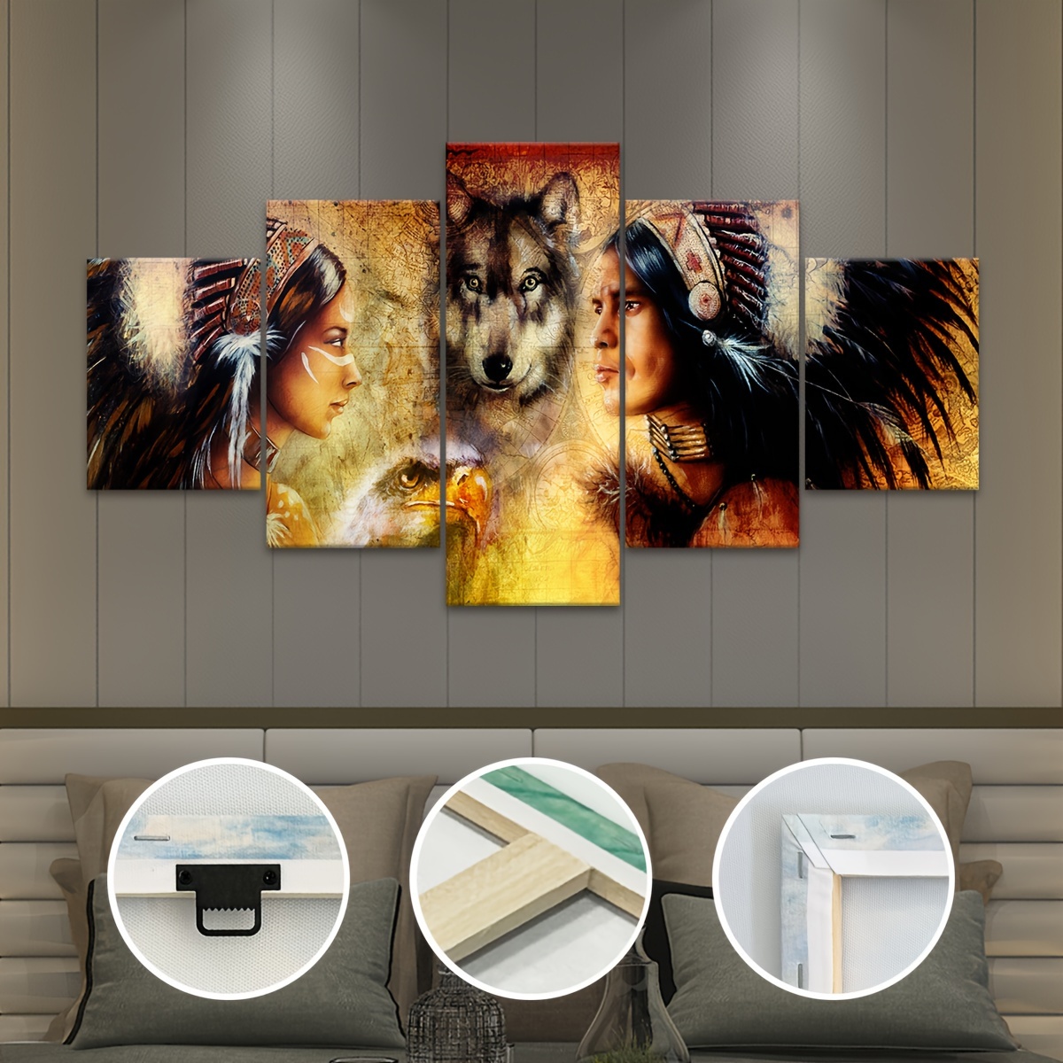 

5pcs/set Wooden Framed Canvas Poster, Modern Art, Native Americans And Wolves Canvas Poster, Ideal Gift For Bedroom Living Room Corridor, Wall Art, Wall Decor, Winter Decor, Room Decoration