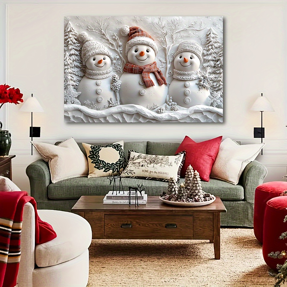 

2d Flat, Merry Christmas And Happy New Year Snowman Statue Wooden 3d Effcet Canvas Painting Wall Art Prints For Home Decoration, Living Room & Bedroom, Festival Party Decor, Gifts, Ready To Hang