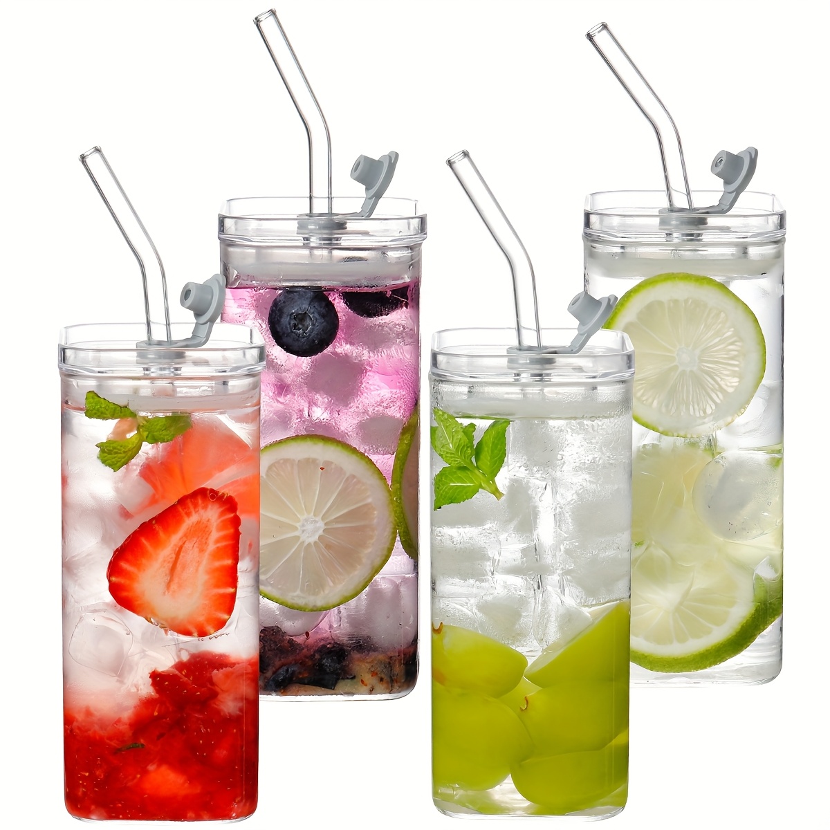 E-shop 4/6-teiliges Set quadratische Kaffeegläser mit Deckel Strohhalm, transparente - Saftbecher, Kaffeetasse, Milchbecher, Getränkebecher für