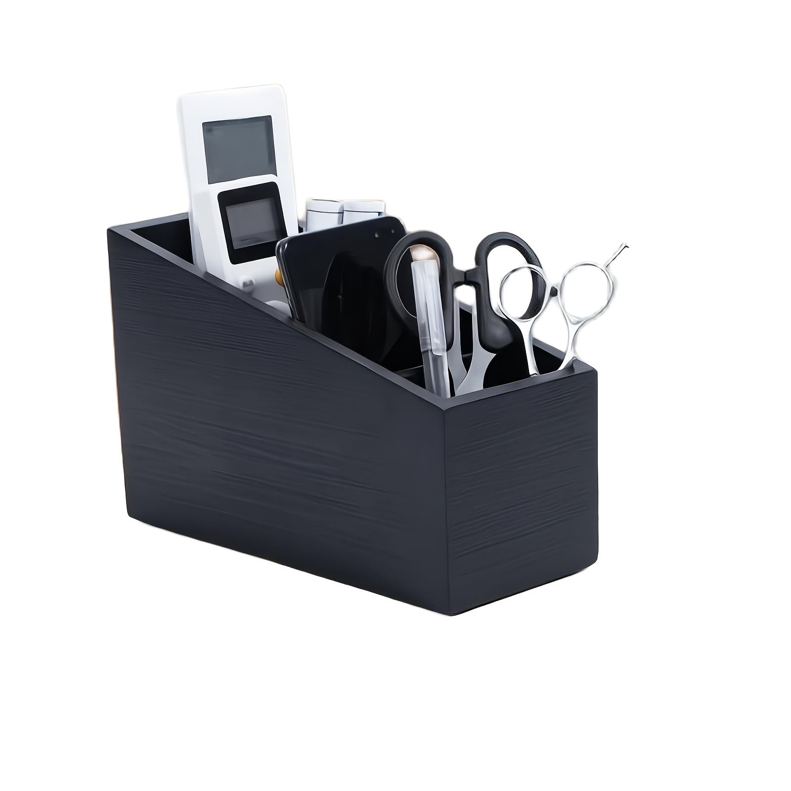 Image of Wooden Desk Organizer With 4 Compartments, Vintage Wood Remote Control Holder For Mobile Phone And Office Supplies, Rustic Farmhouse Caddy, Living Room, Bedroom, Black, Shelf Baskets
