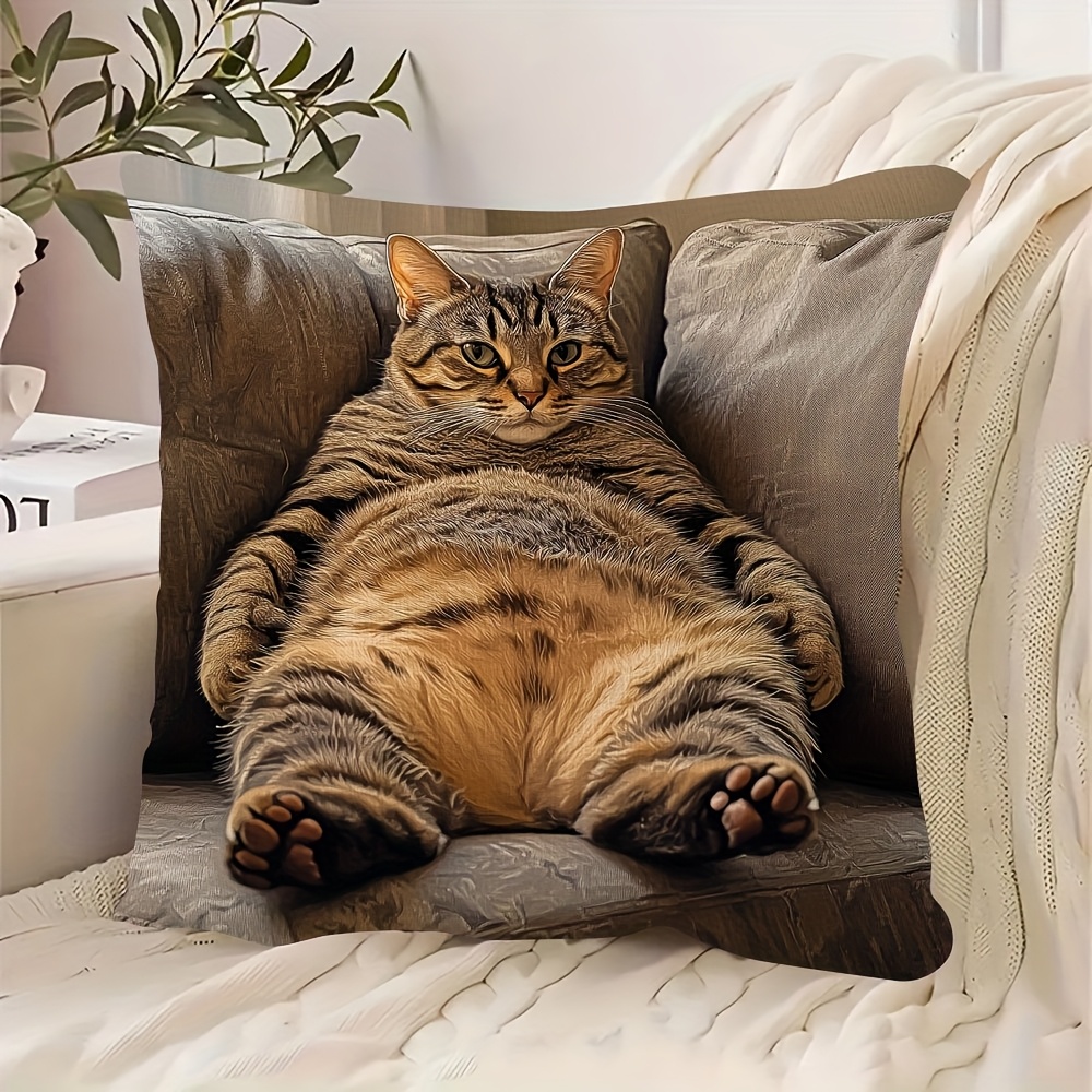 Image of 1pc, 2d Only A Print Fat Cat Pillow Cover, Holiday Gift Cushion Cover, Double Sided Printing, Suitable For Bedroom, Sofa, Living Room, Car, 18x18 Inch, No Pillow Core (without Embroidery)abc935