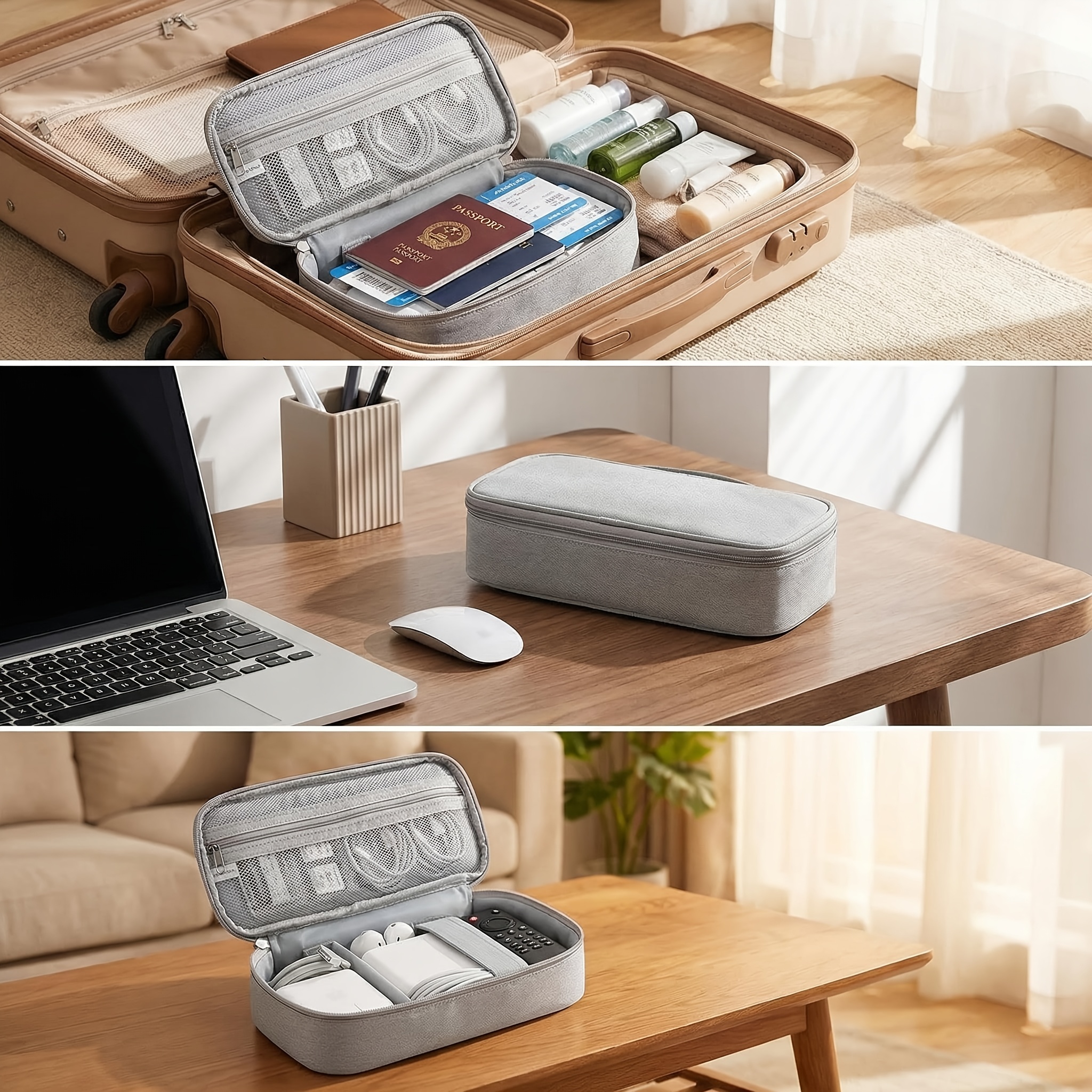 light gray zippered pocket compartment storage bag for   power banks hard drives data cables portable carry on luggage applicable