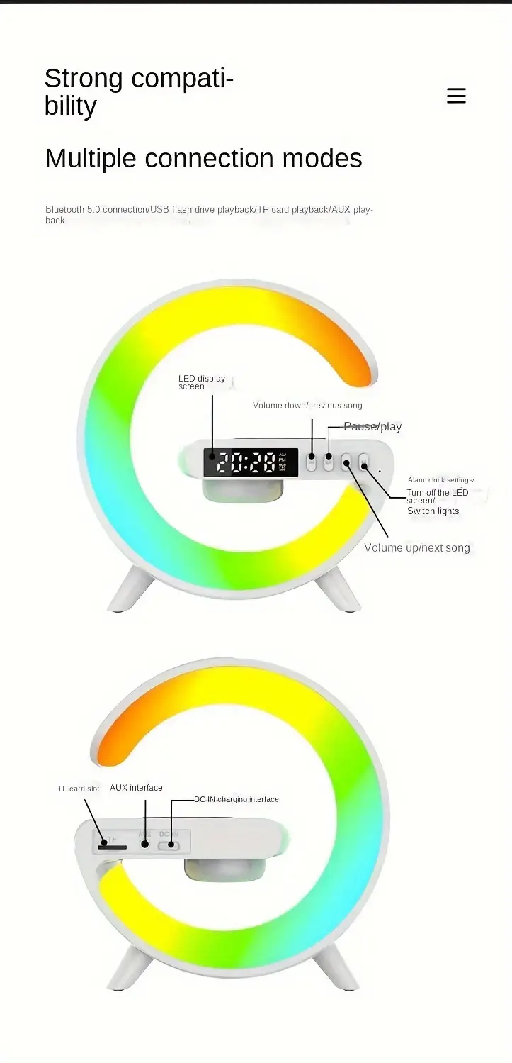 small g speaker desk lamp colorful led light with sound function and wireless charging function tf card playback aux interface listen to songs details 6