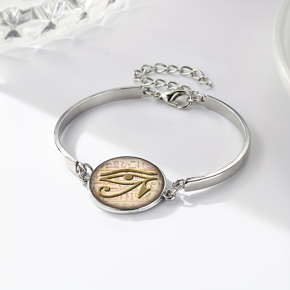 Women's Adjustable White Flat Glass Bracelet with Ancient Egyptian Symbols