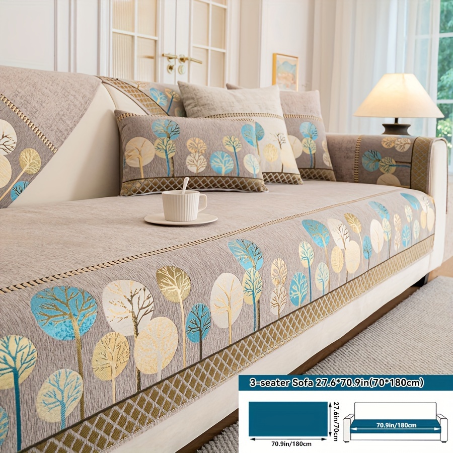 TEMU 1pc Bohemian Thick Chenille Non-slip Sofa Cover With Tree Motif - Luxurious, Pet-friendly Couch Protector For Living Room, Bedroom, Study - Fit