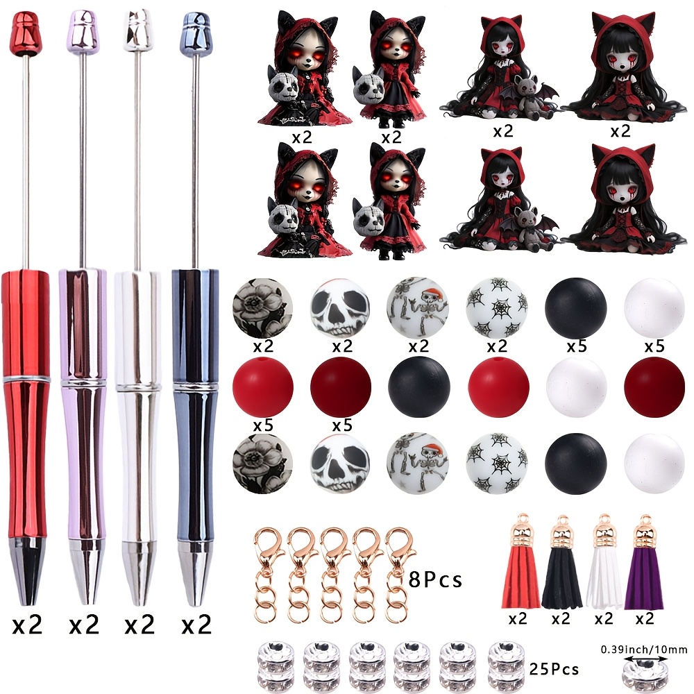 TEMU 8 Ensembles de Stylo à Ficelle à Pompons pour Poupée en Robe Rouge d'Halloween, Kit de Fabrication DIY Stylo Rond 1mm, Accessoires d'Écriture