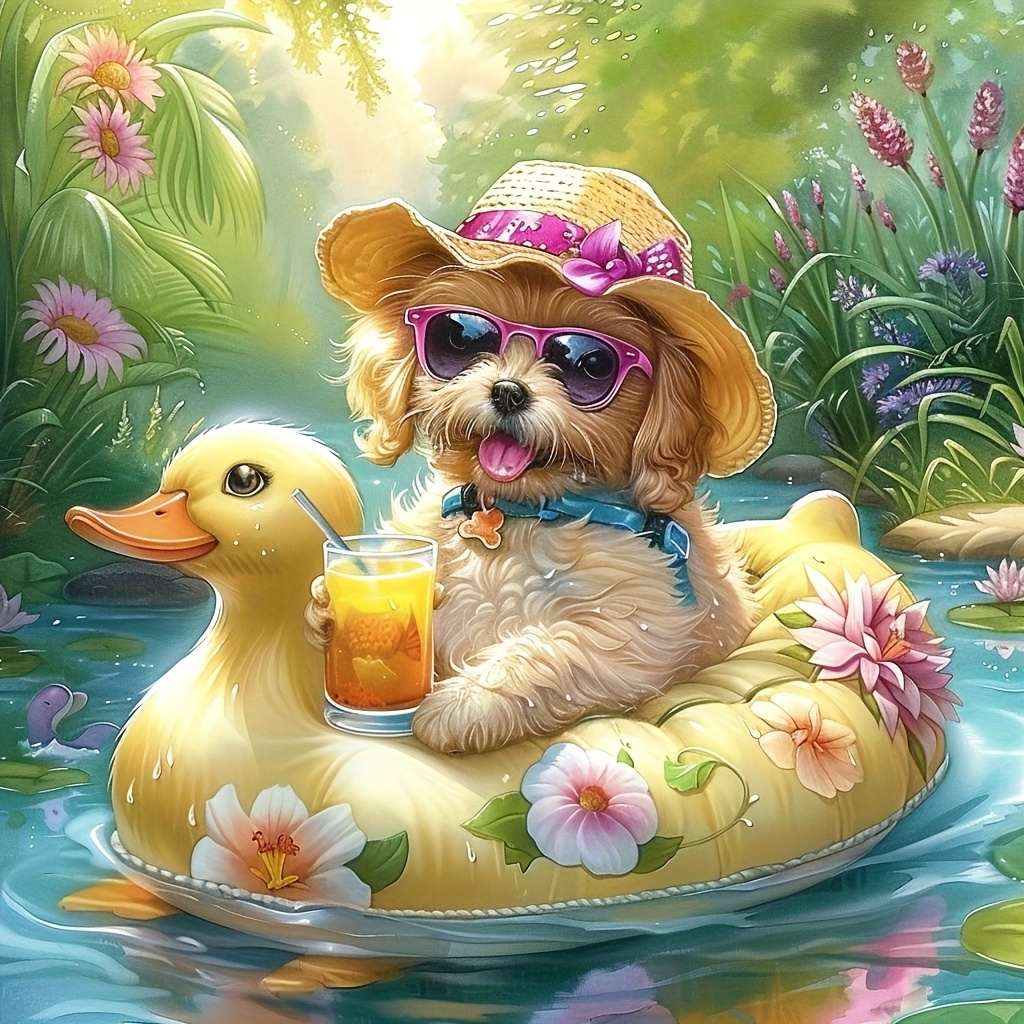 

Happy Dog On Duck Float Diamond Painting Kit - 5d Diy Round Acrylic Rhinestone Full Drill Embroidery Art - Animal Themed Craft Set For Home And Office Decor, 40x40cm - Frameless Unique Handmade Gift