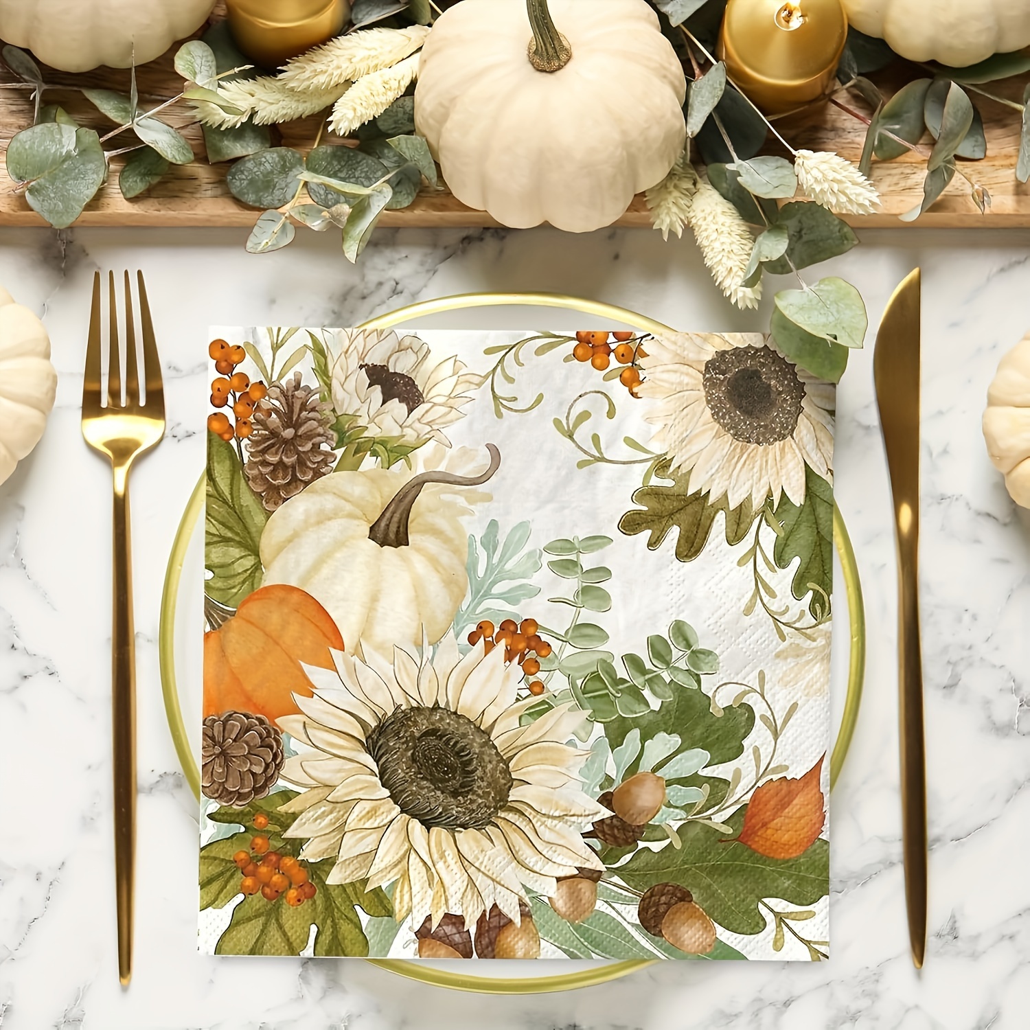 TEMU 20pcs - Autumn Sunflower Printed Napkins, 2d Non-3d Printed White Plain Paper Napkins, Suitable For Party Use, Outdoor Parties, For Party