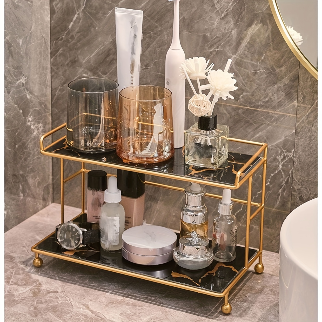 

Elegant Cast Iron Bathroom Organizer - Countertop Cosmetic & Perfume Storage Rack, Portable Vanity Shelf With Painted , Luxury, Washbasin Storage