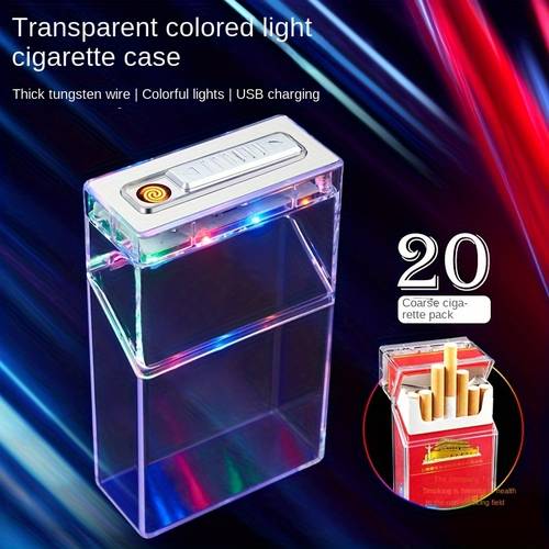 transparent led usb rechargeable lighter 20pcs of whole pack cigarettes self contained lighter thickened ignition sealed moisture proof can hold a whole pack of cigarettes colorful lights usb charging
