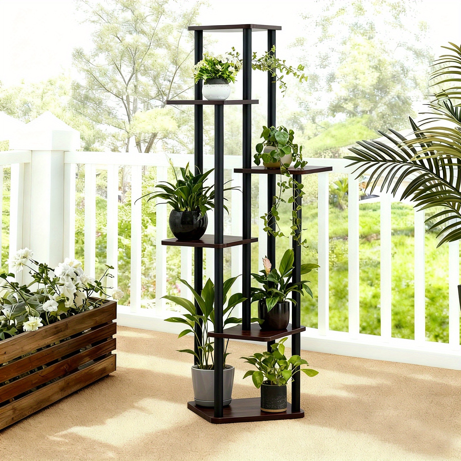 Image of 6-tier Wooden Plant Stand, Garden Display Rack, Flower Stand, Corner Rack, Planter Stand, With Metal Brackets. Suitable For Indoor, Garden, Balcony, Living Room, Or Patio Storage And Organization