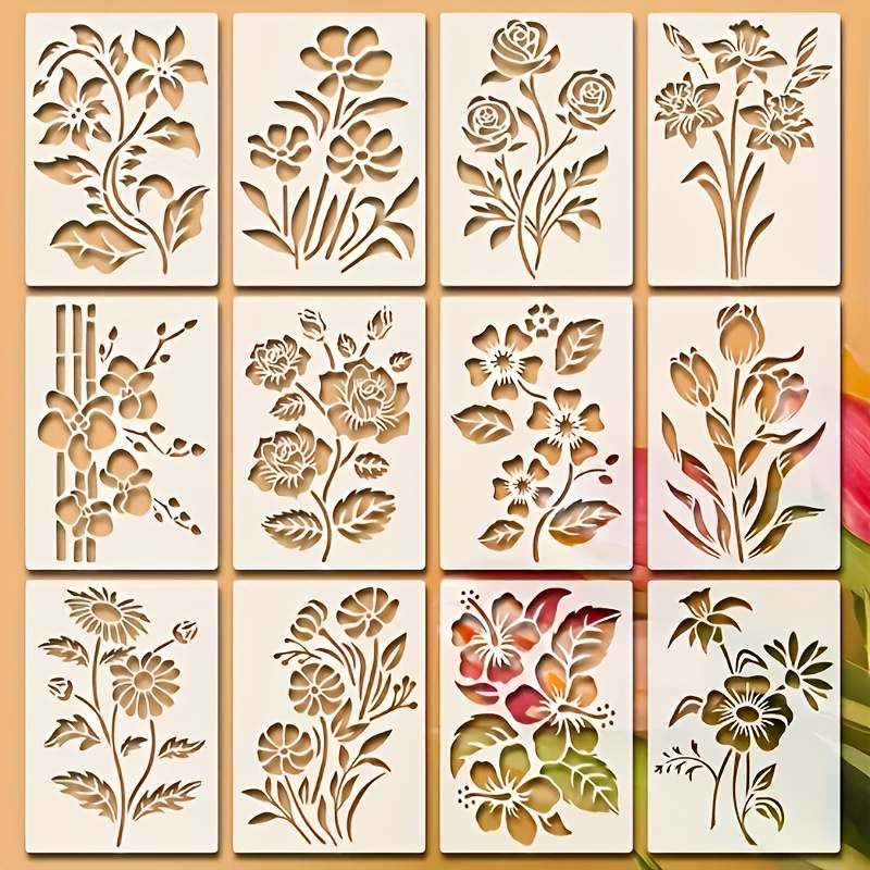 E-shop 12 Stück Wildblumen-Zeichnungsmuster - Wiederverwendbare 5,83 X 8,27 Zoll Blumen- Und Pflanzenmuster Für Holz, Leinwand, Heimdekoration,