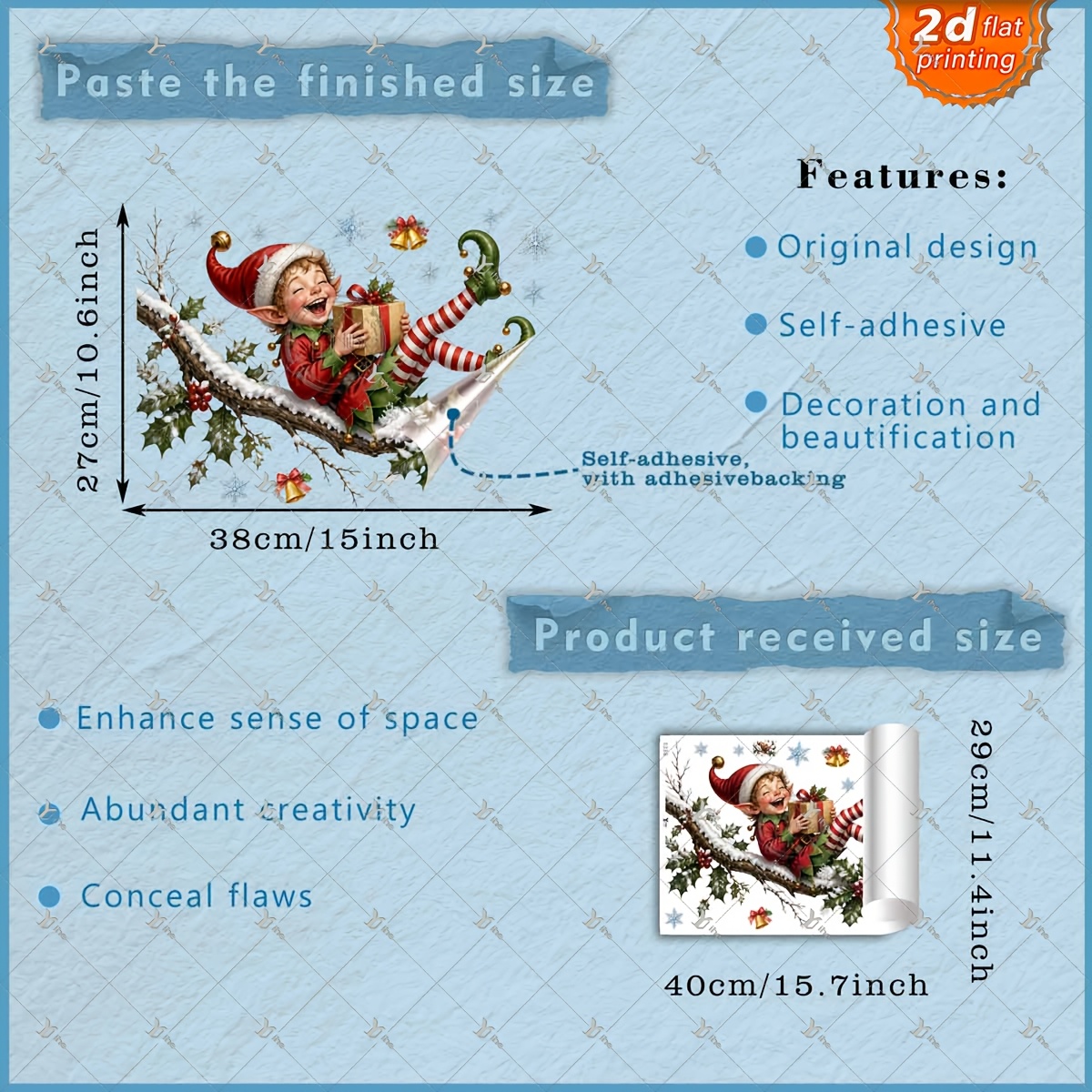 TEMU Autocollant de fenêtre plat 2D, 1 pièce, impression plate 2D, elfe de Noël, cadeau, houx, de neige, cloche, 30*40 cm, autocollant de fenêtre