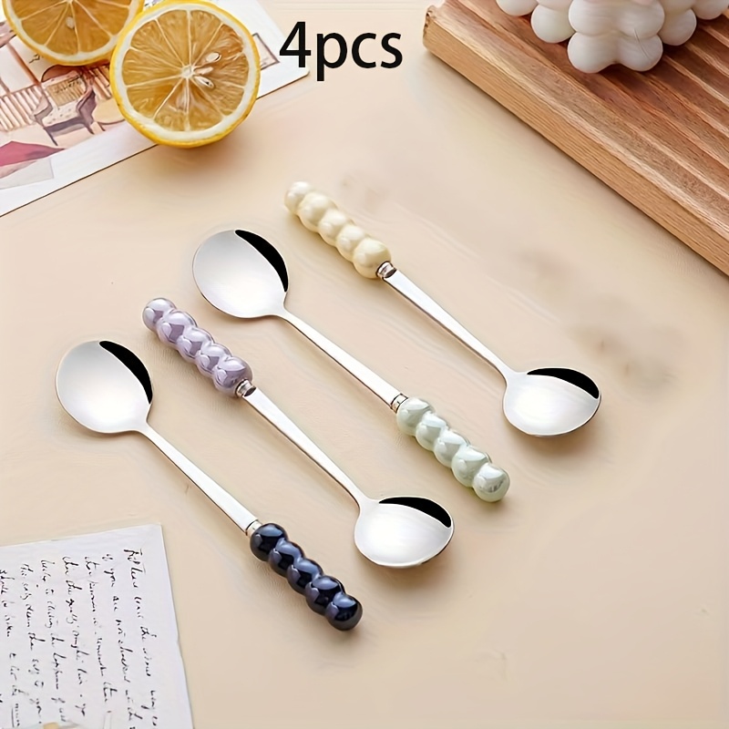 Image of 4/6pcs-304 Stainless Steel Spoons, Random Pearl Color Handles, Equipped With High-value Pearl Handles, Suitable For Household Use As Soup Spoons, Dessert Spoons, And Coffee Spoons