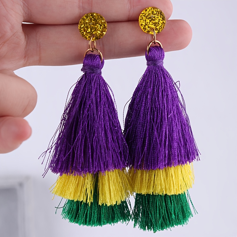 

Mardi Gras Bohemian Tassel Earrings For Women - Vibrant Purple, Green, And Yellow Layered Design With Golden Accents, Ideal For Celebrations, Day, Valentine's Day, And Casual Attire, Quirky Earrings