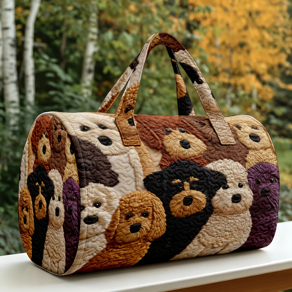 1 ud. Bolso Duffel Acolchado Adorable de Cachorros de Múltiples Razas, Bolso de Viaje Cilíndrico de Gran Capacidad con Asas, Diseño de Perro Esponjoso Blanco Marrón Negro, Estilo Semanal de Noche Cálido y Lindo para Amantes de los Perros, Mujeres, Regalo de Halloween, Acción de Gracias, Navidad