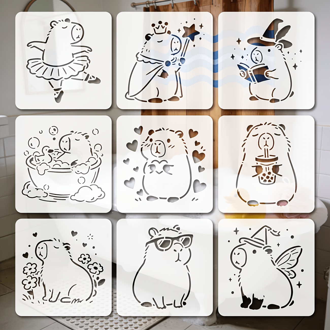 E-shop 9-teiliges Meerschweinchen Schablonen Set Wiederverwendbare Malvorlagen mit Pinseln Zeichenschablonen für Bastel Wandkunst Möbel Leinwand und