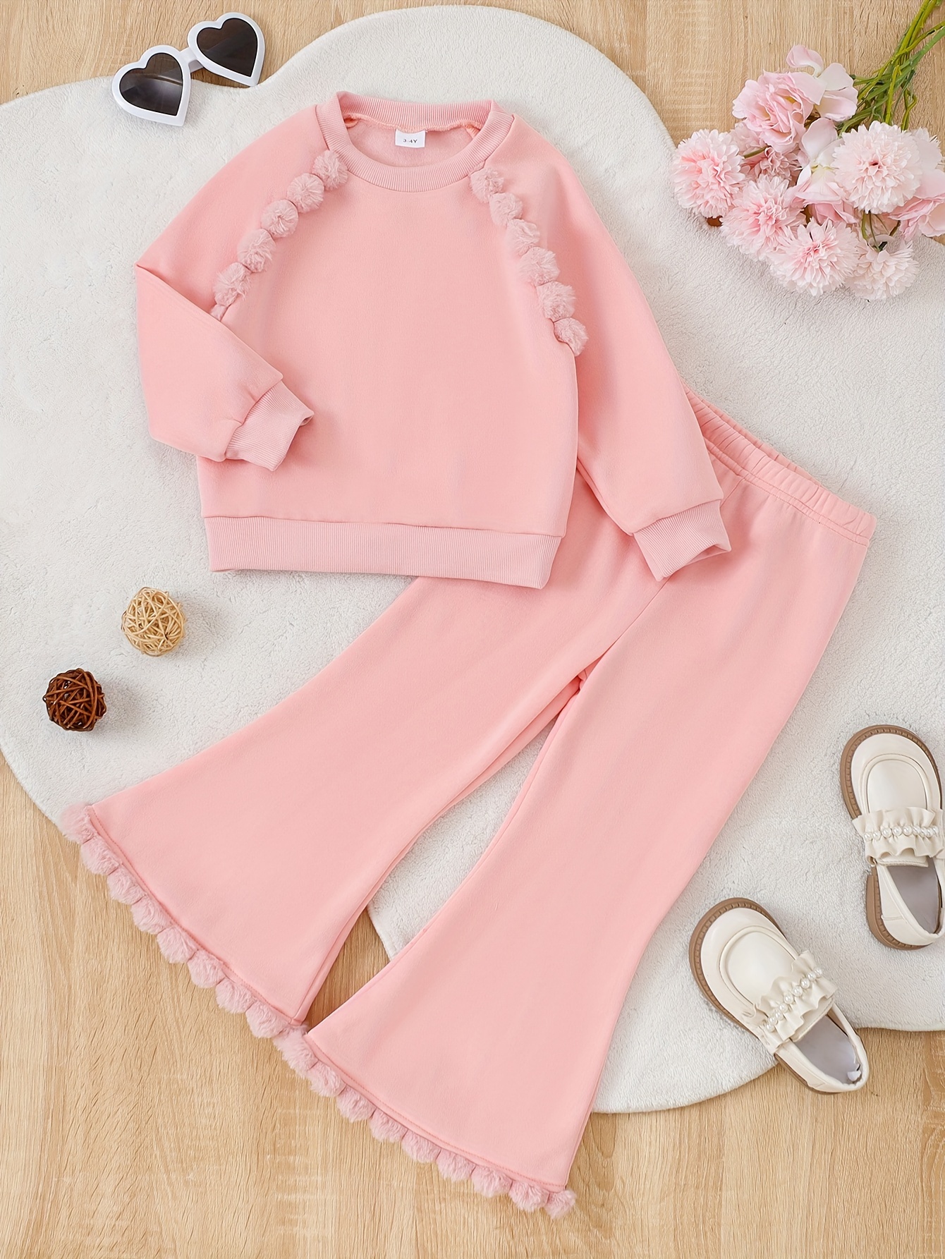 Girls' Solid Color Long-Sleeve Top and Flared Pants Set