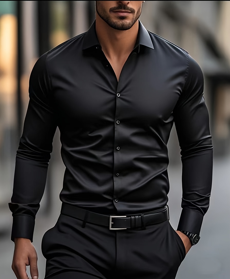 Men'S Stylish White Long Sleeve Dress Shirt - Casual Square Neck, Polyester, Single-Breasted with Buttons, Regular Fit for Office & Business Attire, Office Attire|Sophisticated Look|Polyester Fabric