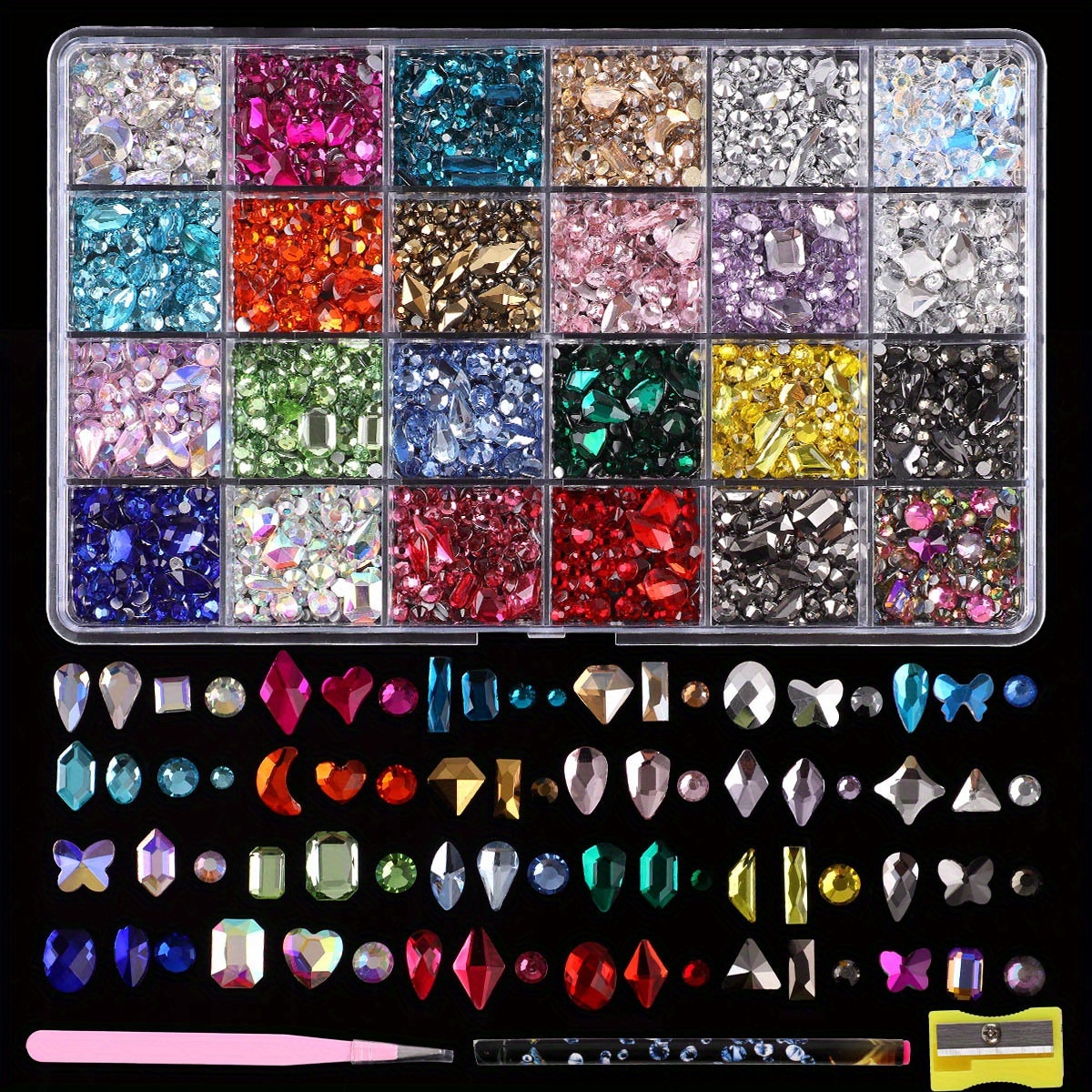 TEMU 24 Grid Glass For Nail Rhinestones Multi Shapes Flatback For Nail Gems 1.5-4mm Round Crystal, Champagne Golden, , Ab, Pink Ab, Red , Royal Blue,