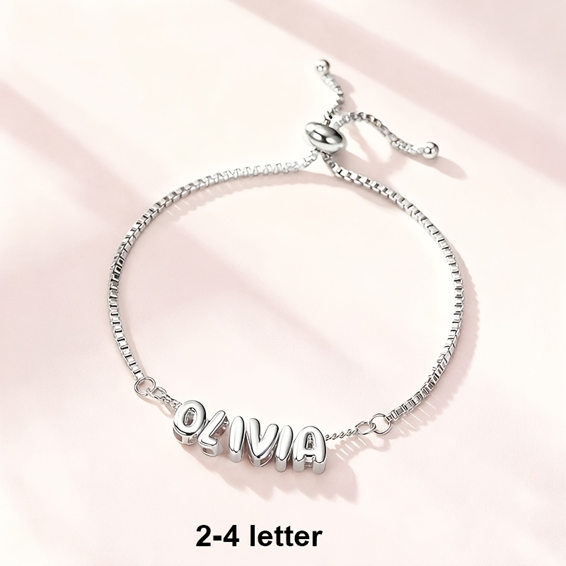 TEMU Custom Letter Bracelet Stainless Steel Adjustable Box Chain Personalized 3d Balloon Letter Fashionable Luxury Women's Jewelry Suitable For