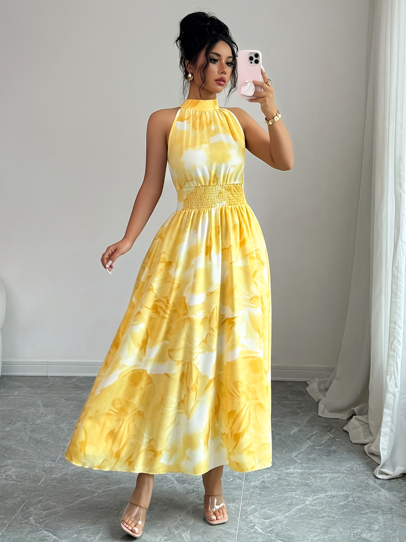 golden yellow dress casual Buttercream Yellow Midi Floral Dress with Pockets Buttercream Floral Print / Large main image 0