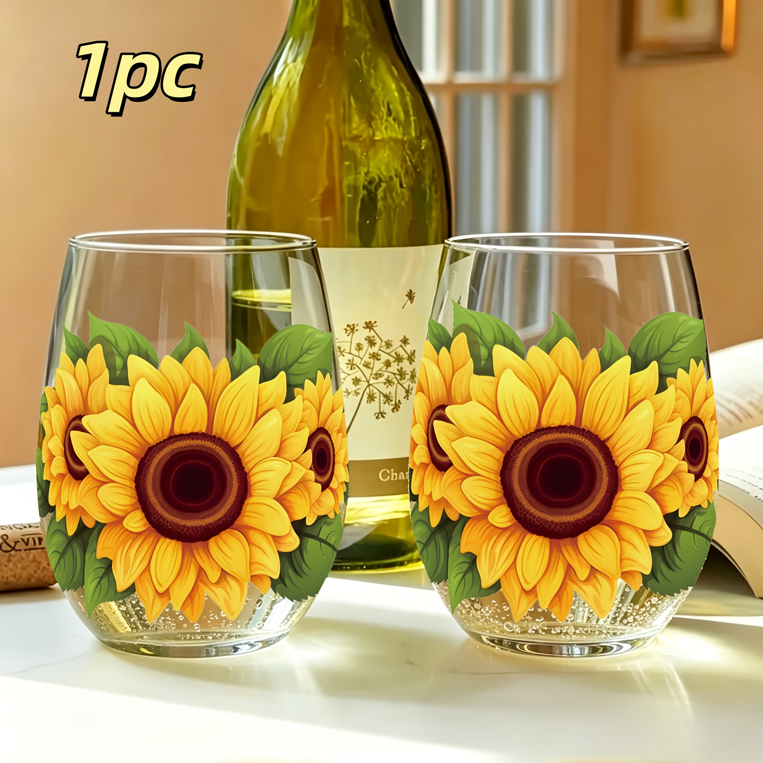 TEMU 1pc Sunflower Floral Pattern, 350ml Egg-shaped Glass Cup, Drinking Cup, Stemless Wine Glass, Champagne And Whiskey Glass, Scratch-resistant,