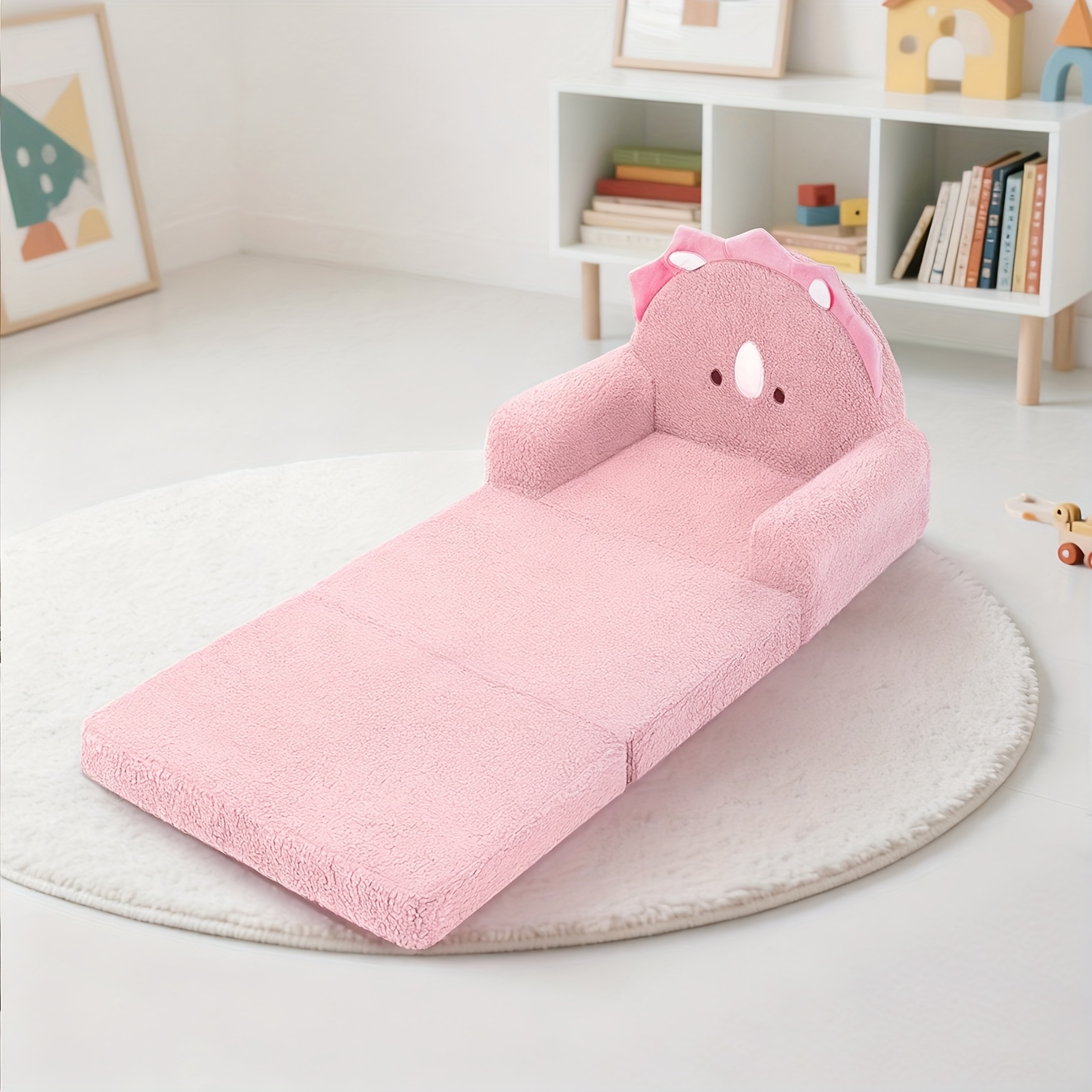 Kids Sofa 2-in-1 Convertible Kids Couch Fold Out Lounger Soft Sherpa Kids Chair High-Density Foam Sofa Cute Brown Bear Playroom Nursery Furniture for Boys Girls Room Decor