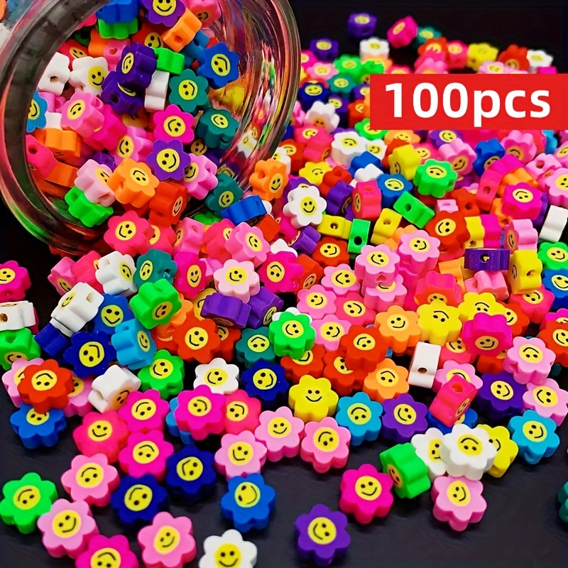 TEMU 100pcs Kit per Creare Braccialetti con Perline in Argilla Polimerica a Fiori Colorati da 9mm, Ciondoli Carini e Divertenti con per Accessori Fai