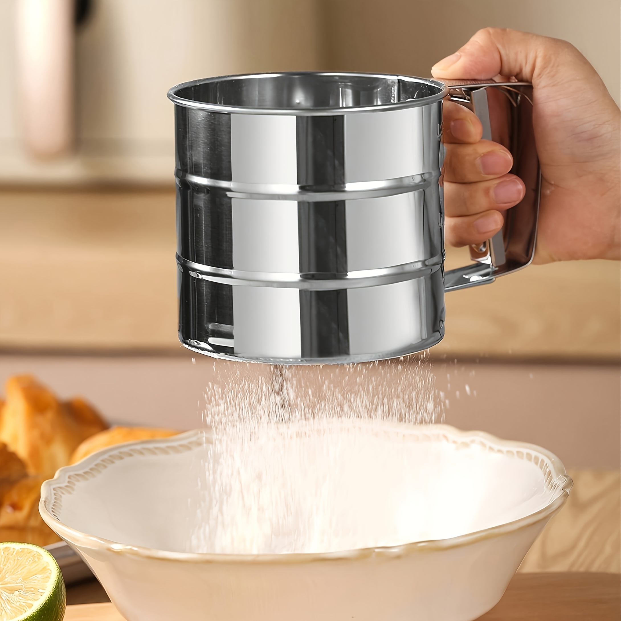1pc stainless steel handheld flour and sugar sifter durable 304 stainless steel semi automatic   mesh filter ideal for baking and cooking   mothers day graduation juneteenth and more   modern kitchenware durable sifter details 1
