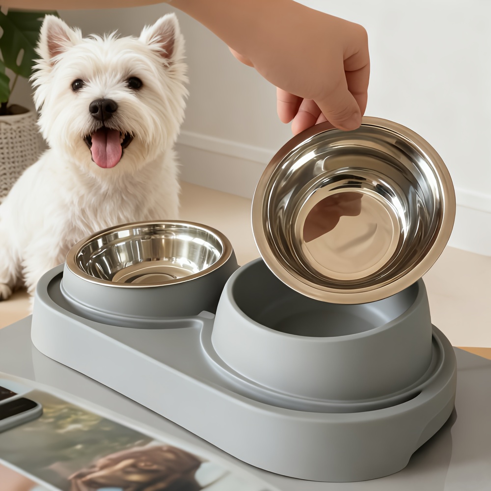 1 Bol Double Moderne surélevé pour Nourriture et Eau - Distributeur à Double Compartiment Amovible et Facile à Nettoyer avec Bols en Acier Inoxydable, Gain de Place pour Petits Chiens, Chats et Chaton, Adapté aux Animaux de Petite à Moyenne Taille - Station d'Alimentation Moderne pour Animaux