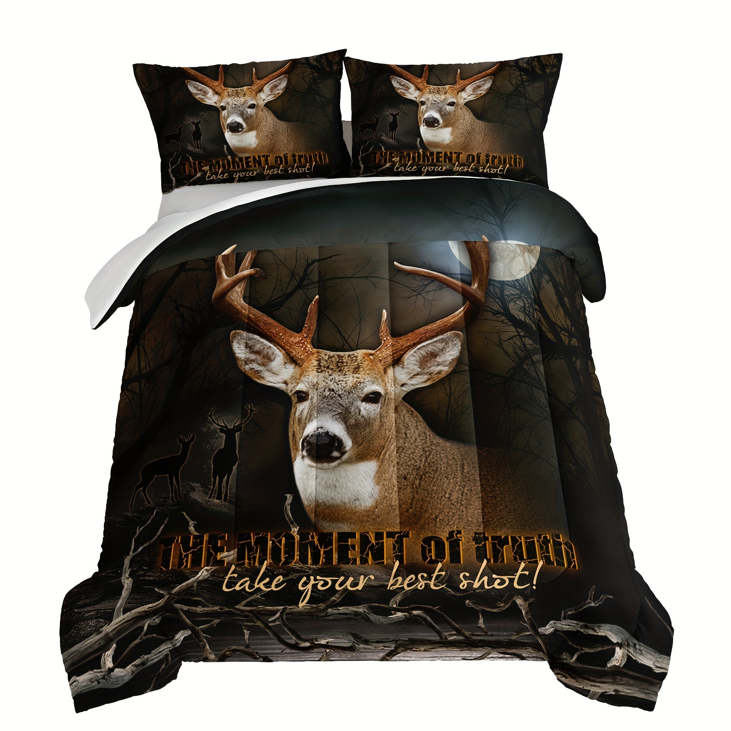 TEMU 3pcs Fashion Comforter Set (1 * Comforter + 2 * Pillowcase, No Core), Hunting Theme Deer Print Bedding Set, Soft And Comfortable Skin-friendly For Bedroom,