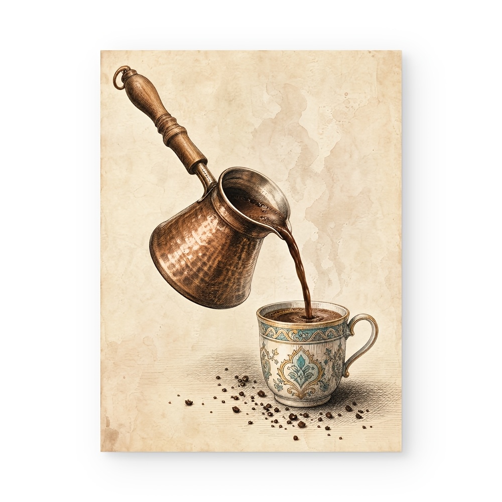 TEMU 2d Flat, Vertical Suitable For Kitchen Suitable For Dining Suitable For Dorm Vintage Coffee Pot & Ornate Cup - On Canvas, Suitable For Summer
