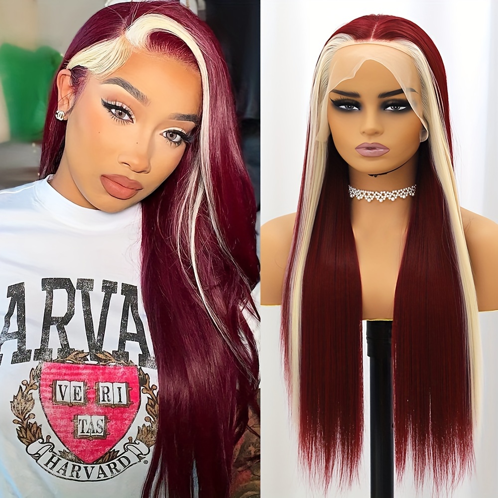 

Burgundy Highlight Blonde Lace Front Wigs For Women 13*4 Inch Deep Space 26 Inch Silky Straight Synthetic Heat Resistant Fiber Preplucked Hairline Glueless Lace Wigs For Daily Party Use