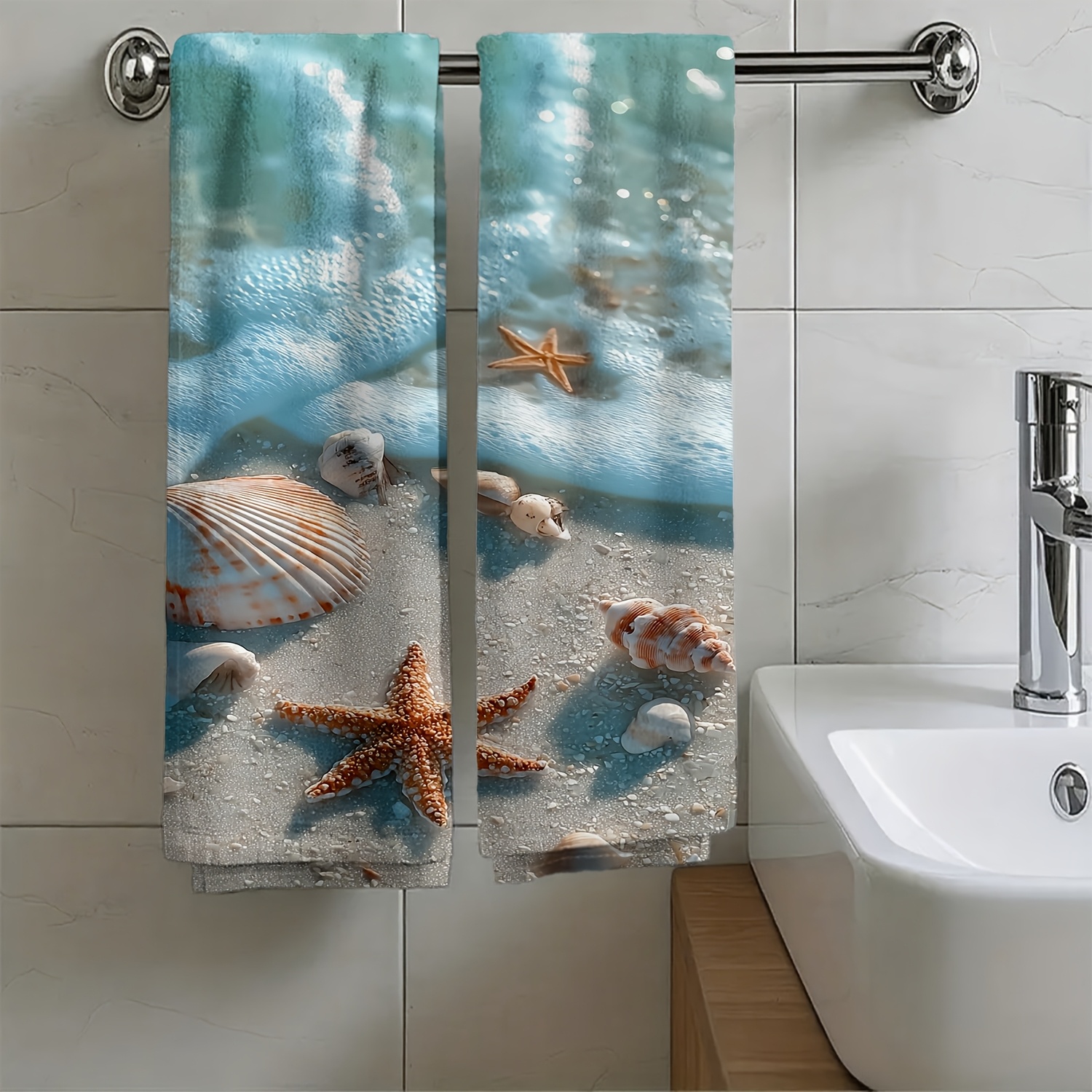 TEMU 1pc, 2pcs Exquisite Towel With Seaside Seashell And Starfish Pattern, Cartoon Print Hand Towel, Suitable For Bathroom, Restroom, Kitchen, Etc.,