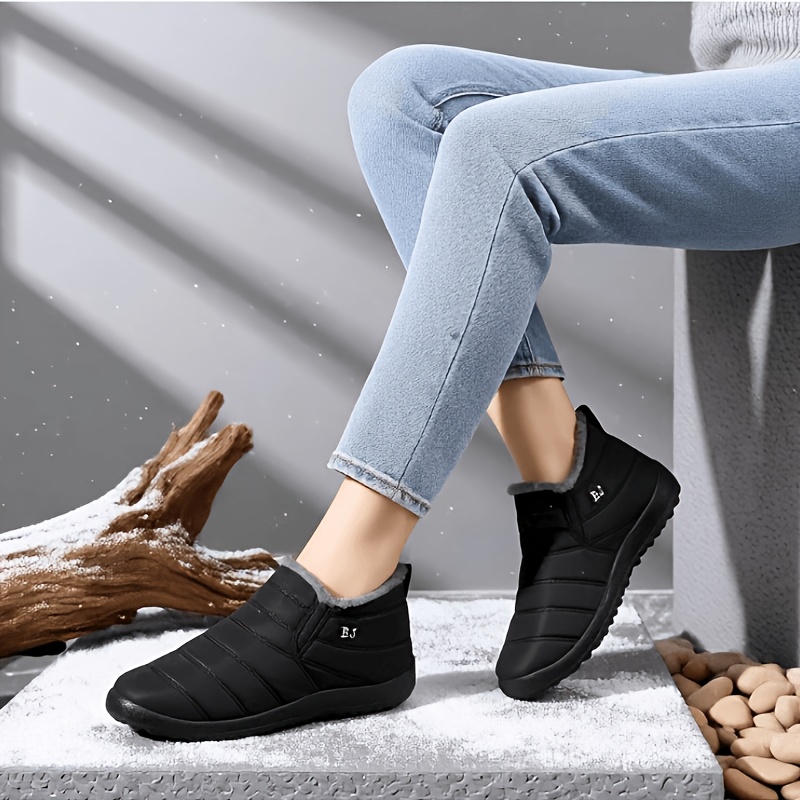 Image of Women's Winter Ankle Boots, Comfortable Faux Fur Lining, Non-slip Sole, Navy With "b.j." Logo, Warm Women's Short Boots
