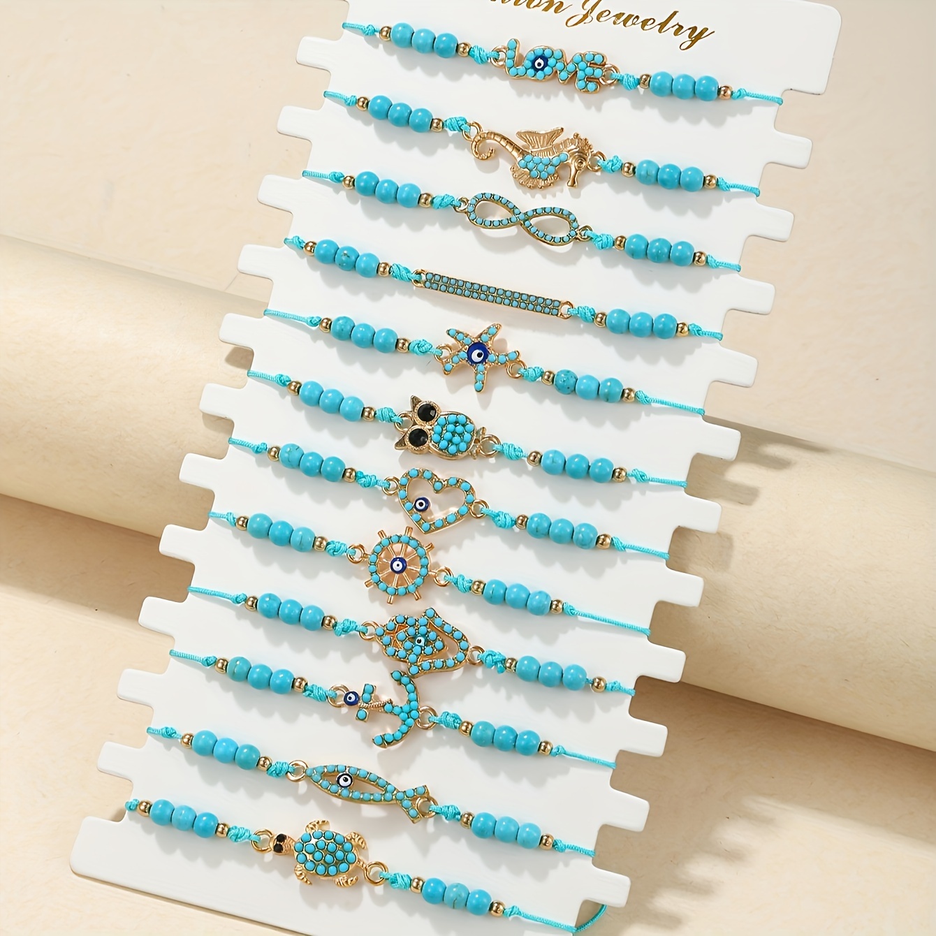 12 Pcs Turquoise Bracelets with Devil's Eye Pendants