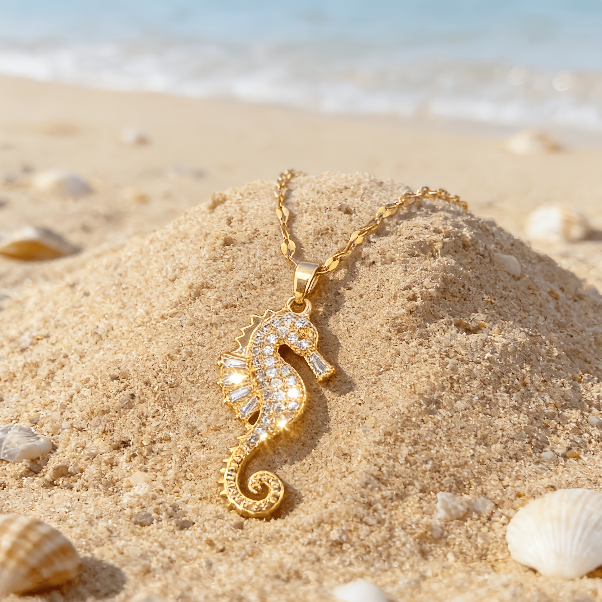 TEMU Cadena de acero inoxidable con colgante de de mar incrustado con circonita sintética, collar de cadena para la clavícula para mujer, a ,