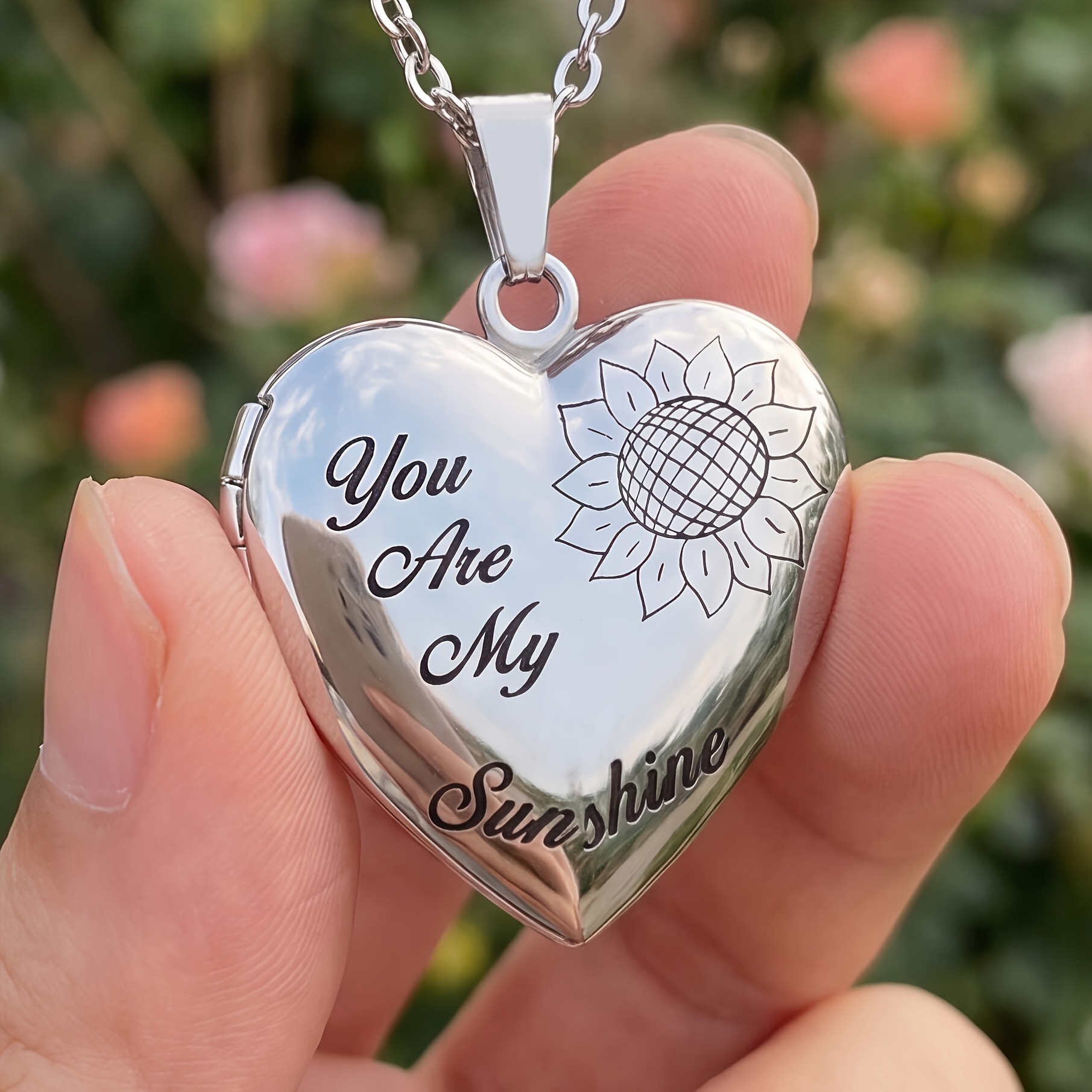 TEMU Stainless Locket Necklace – "you Are My Sunshine" Engraved With Sunflower Design, Openable Photo Pendant For Women &, Hypoallergenic &