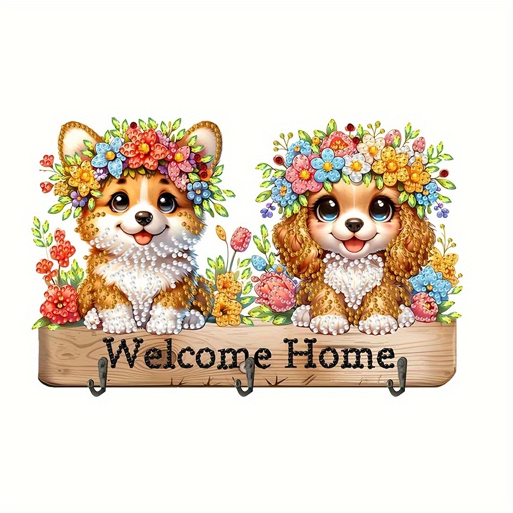 

5d Diy Diamond Painting Kit With Key Hooks, Animal Theme Wall Art, Welcome Home Design, Acrylic Diamonds With Irregular Shapes, Special Shaped Drills For Home Decor