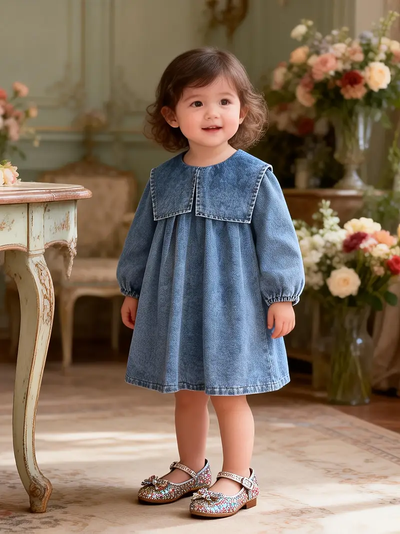 baby girl denim dress with long sleeve white shirt underneath Kids' Bow Long Sleeve Denim Dress (Women)